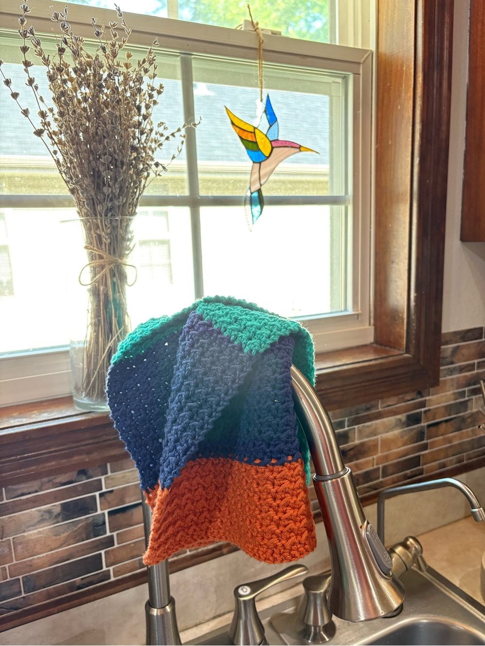 Colorblock Cotton Crochet Dishcloth in Green, Blue & Orange Housewarming gift